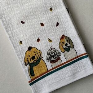 Dog Print Fall Autumn Leaves Theme Kitchen Towel Set Of Two White Multi NWT